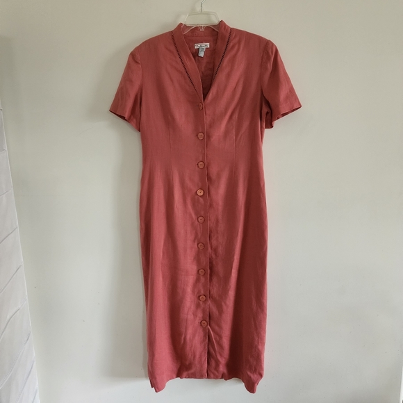 Talbot 100% Linen Coral Long Button Front Dress Size 8 - Picture 4 of 7